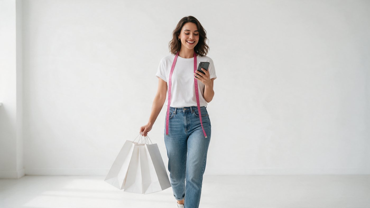 Woman walking with shopping bags while checking her phone