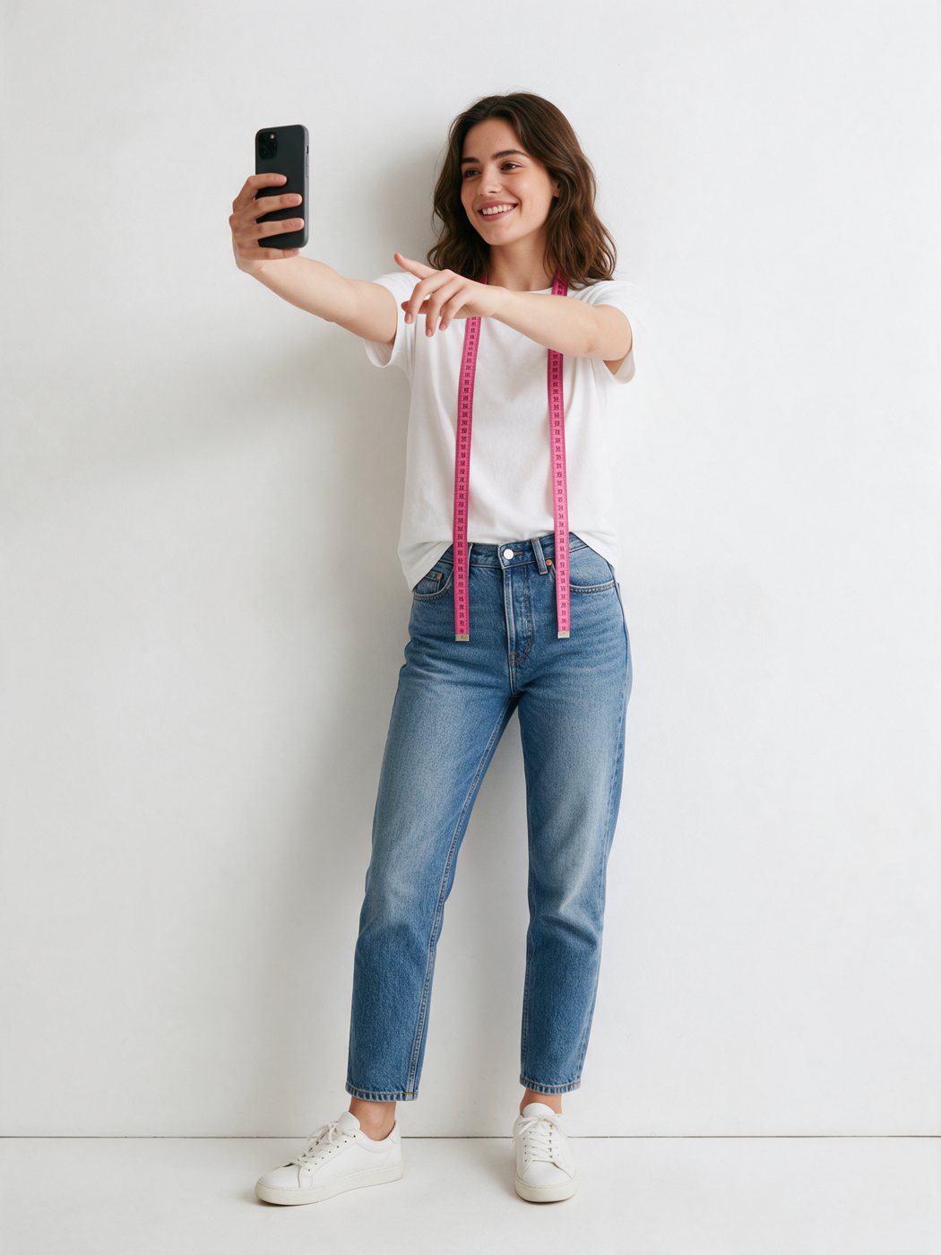 Woman taking a full-body photo of herself with her phone against a white wall