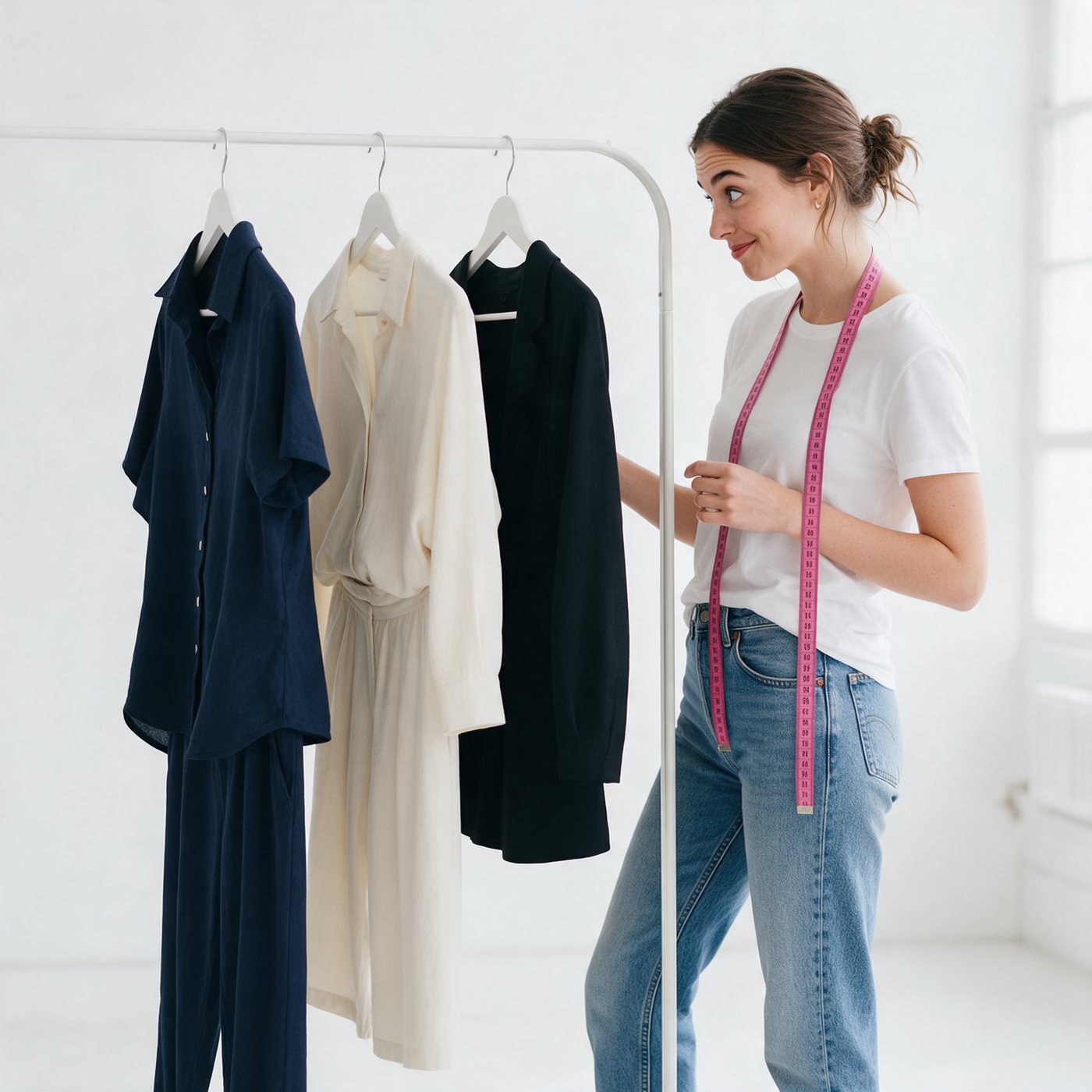 Woman choosing between three outfits on a white clothing rail